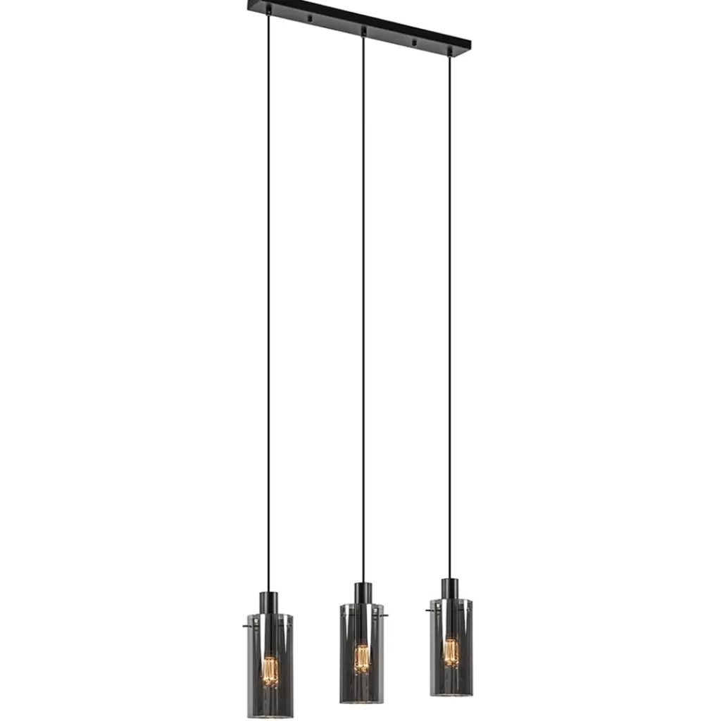 3-Lichts eettafelhanglamp zwart met cilinder smoke glas>Straluma Best