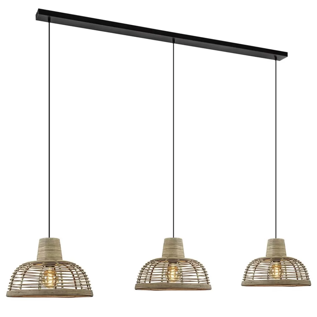 3-Lichts eettafelhanglamp zwart met rotan kappen>Straluma Discount