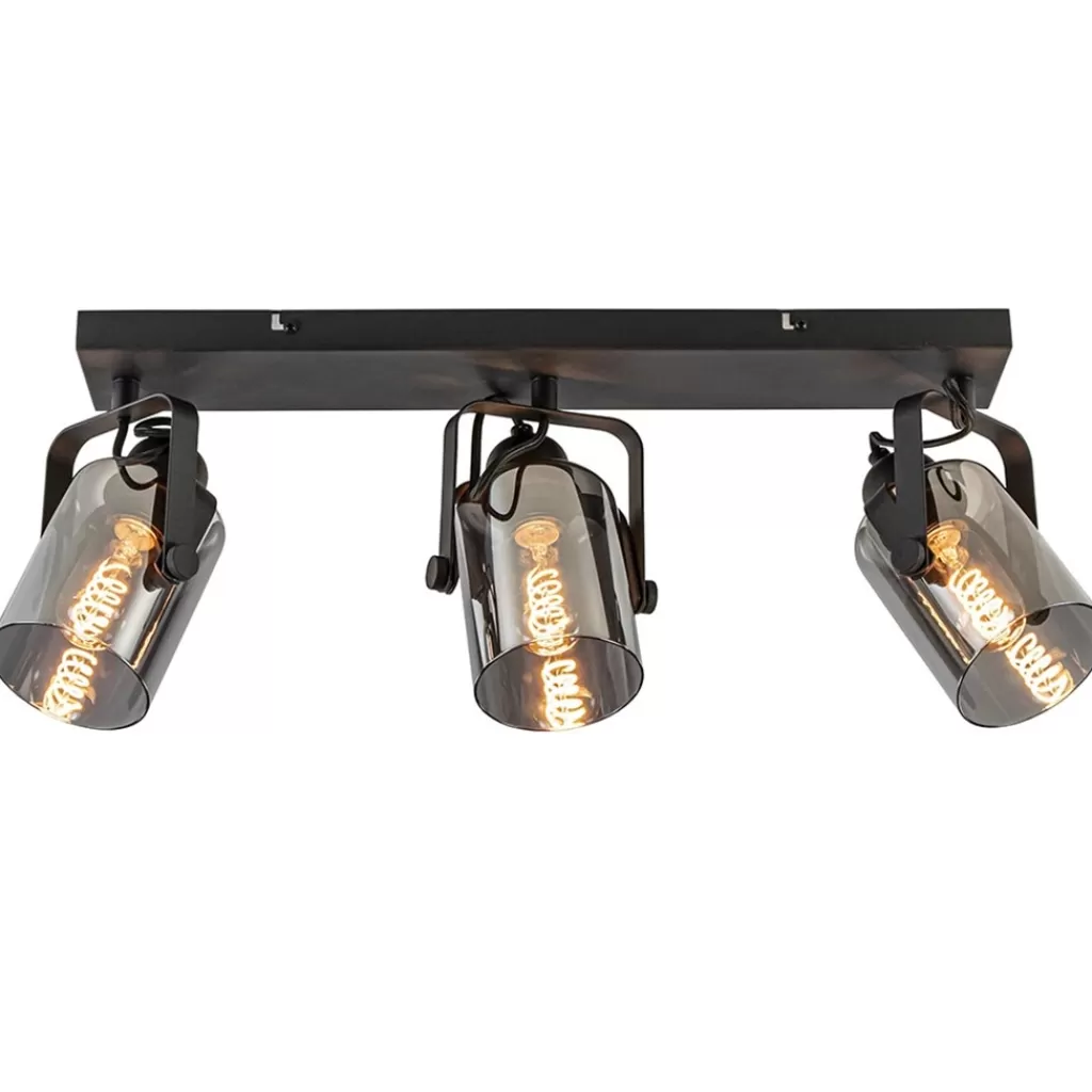 3-Lichts plafondlamp mat zwart met smoke glazen kappen>Straluma Clearance