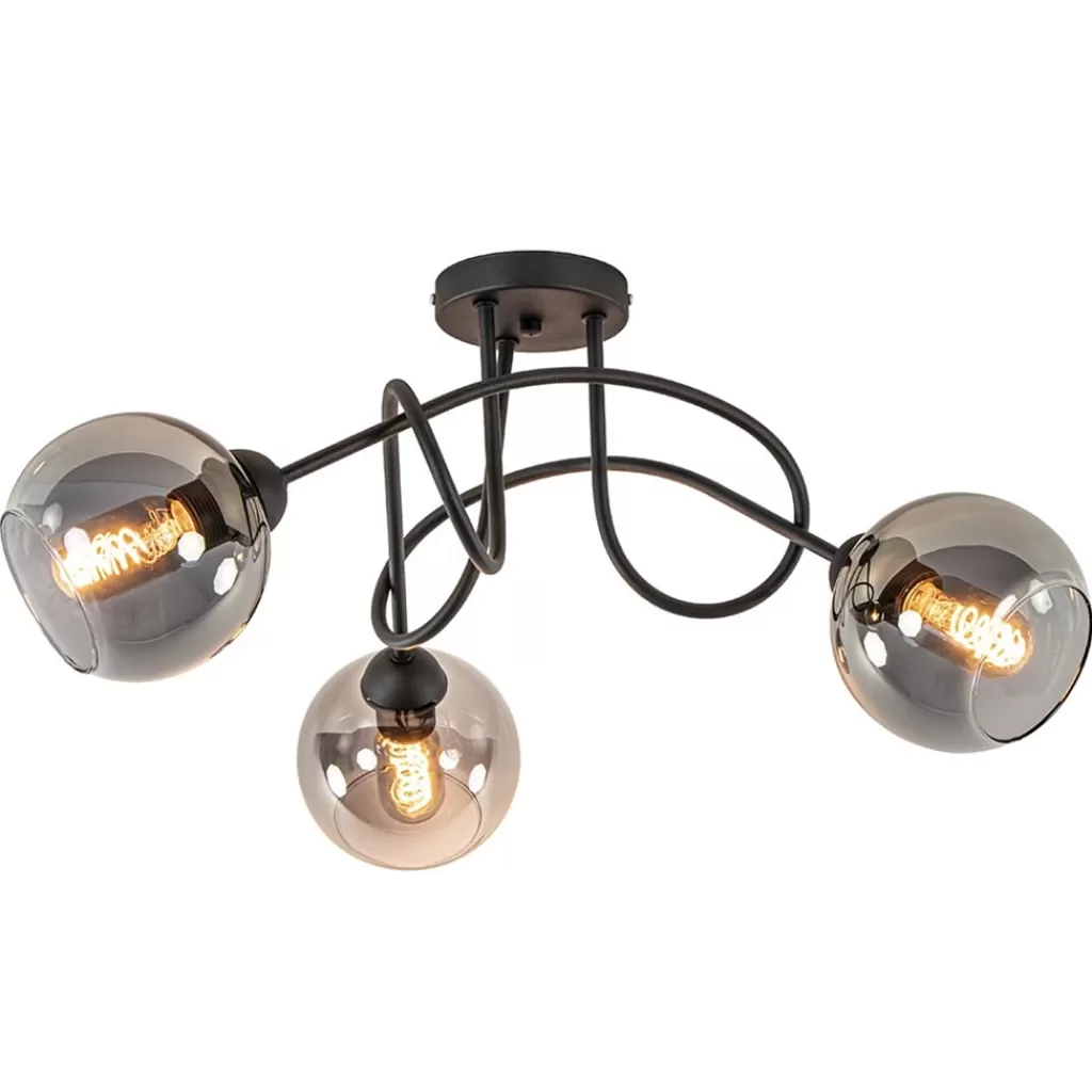 3-Lichts plafondlamp zwart met smoke glazen bollen>Straluma Outlet