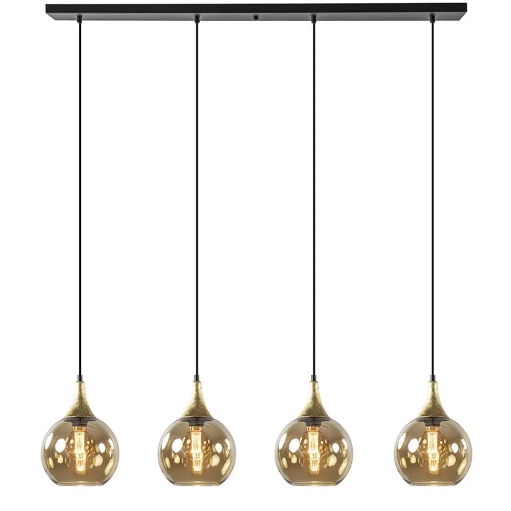 4-Lichts eettafelhanglamp zwart/goud met amber glazen bollen>Straluma Flash Sale