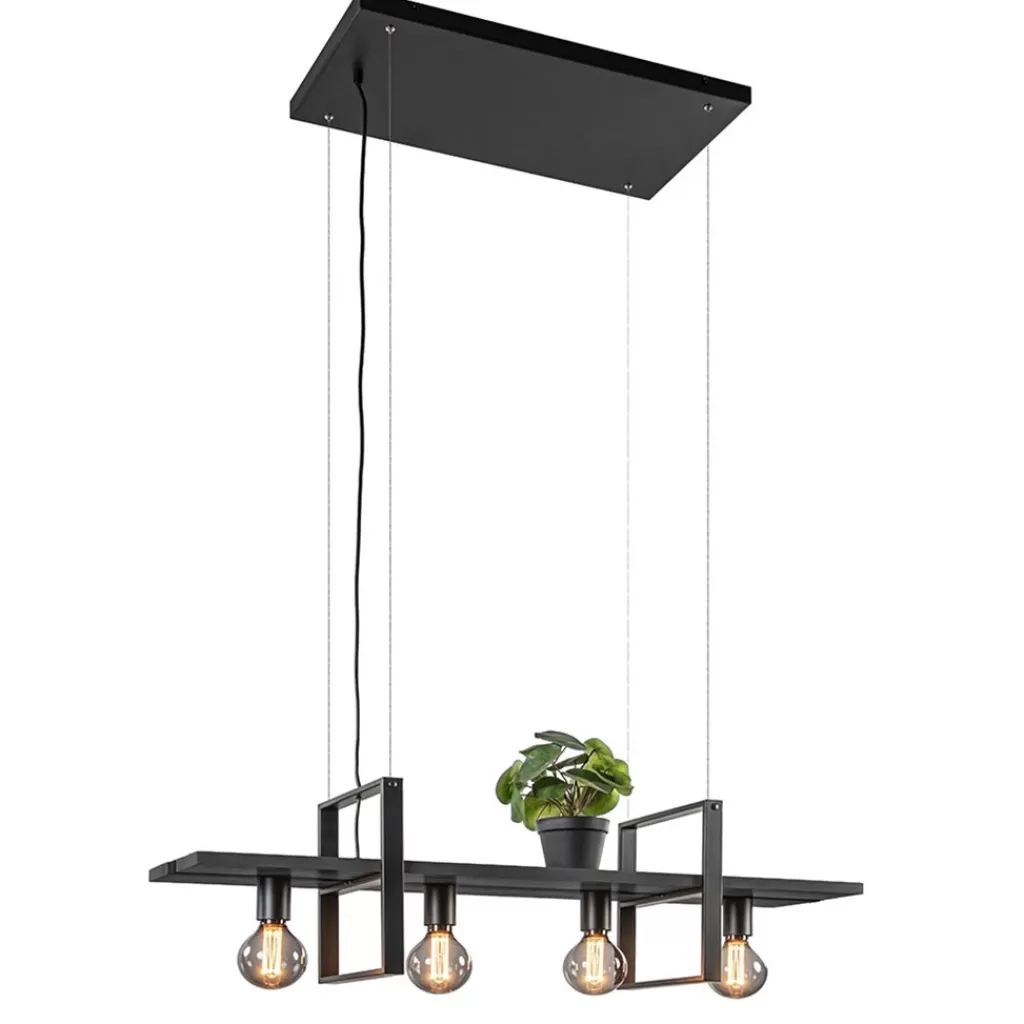 4-Lichts hanglamp zwart met zwarte houten planken>Straluma Cheap