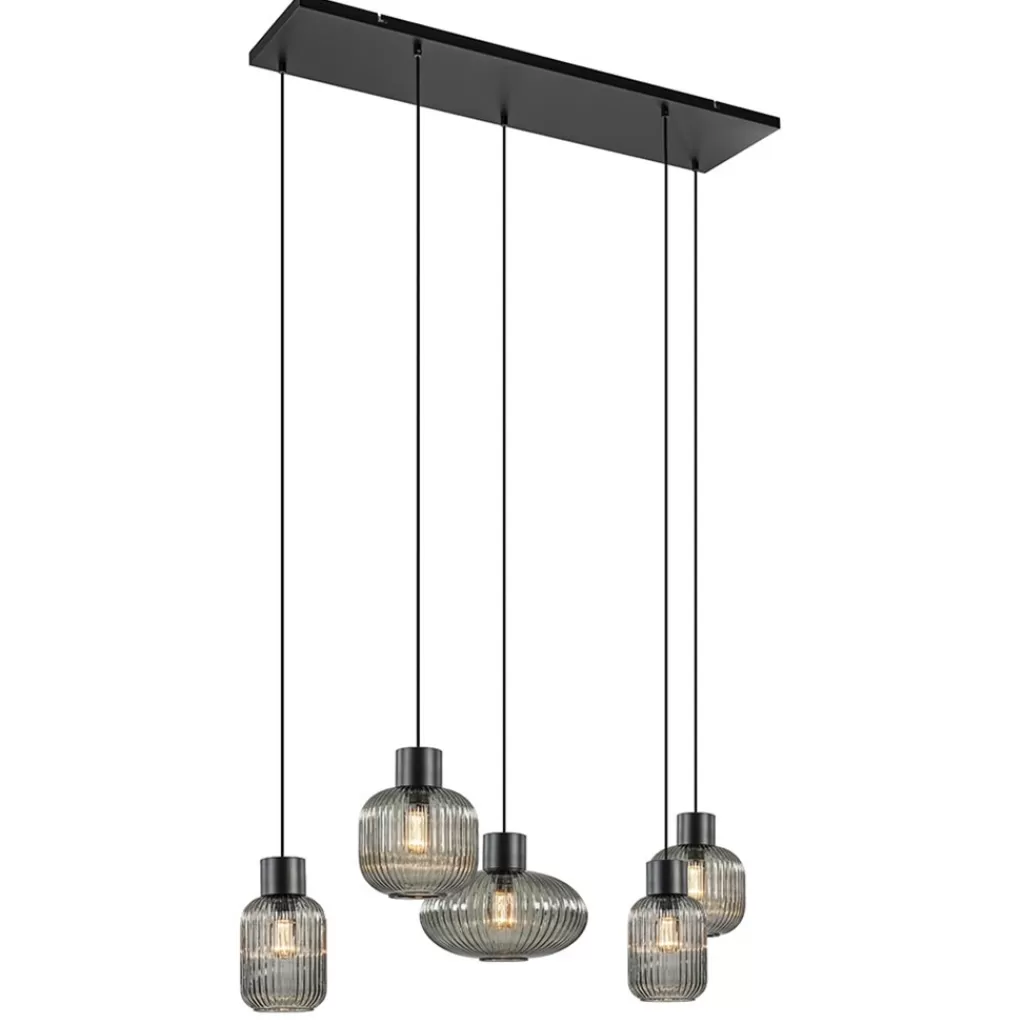 5-Lichts eettafelhanglamp geribbeld smoke glas met zwart>Straluma New