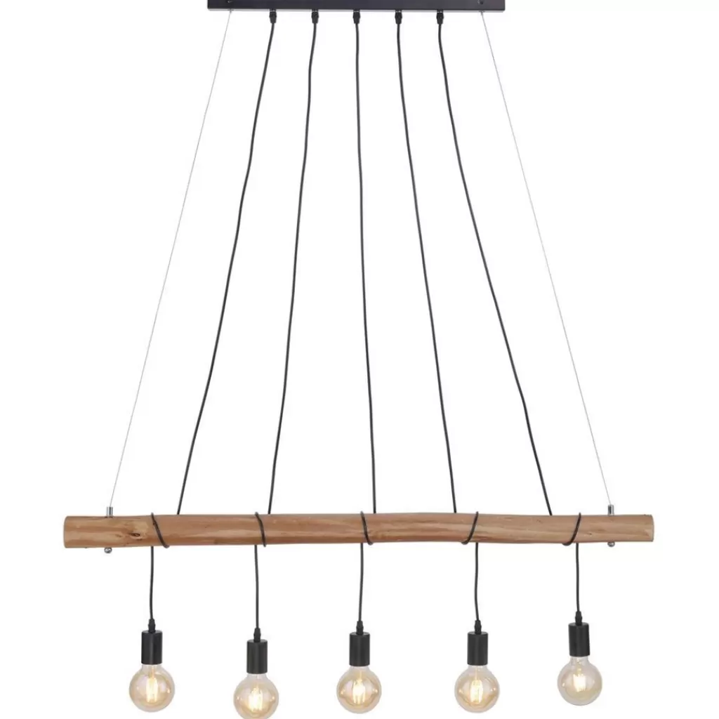 5-Lichts hanglamp houten balk met zwarte pendels>Straluma Discount