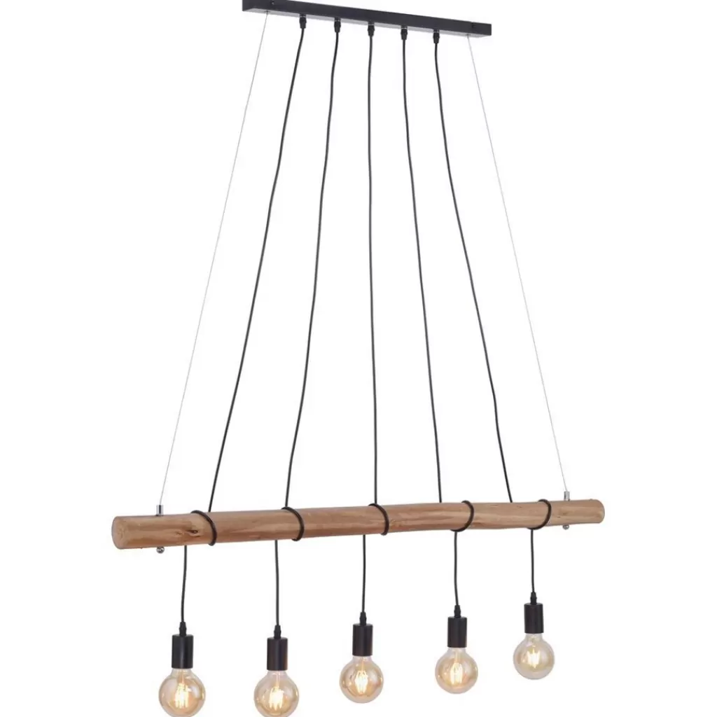 5-Lichts hanglamp houten balk met zwarte pendels>Straluma Discount