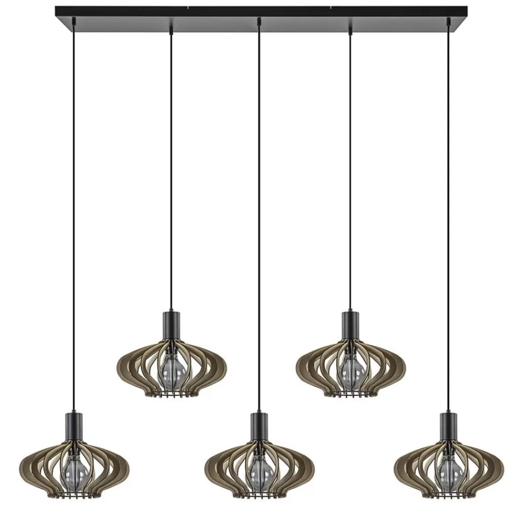 5-Lichts hanglamp zwart met naturel houten kappen>Straluma Clearance