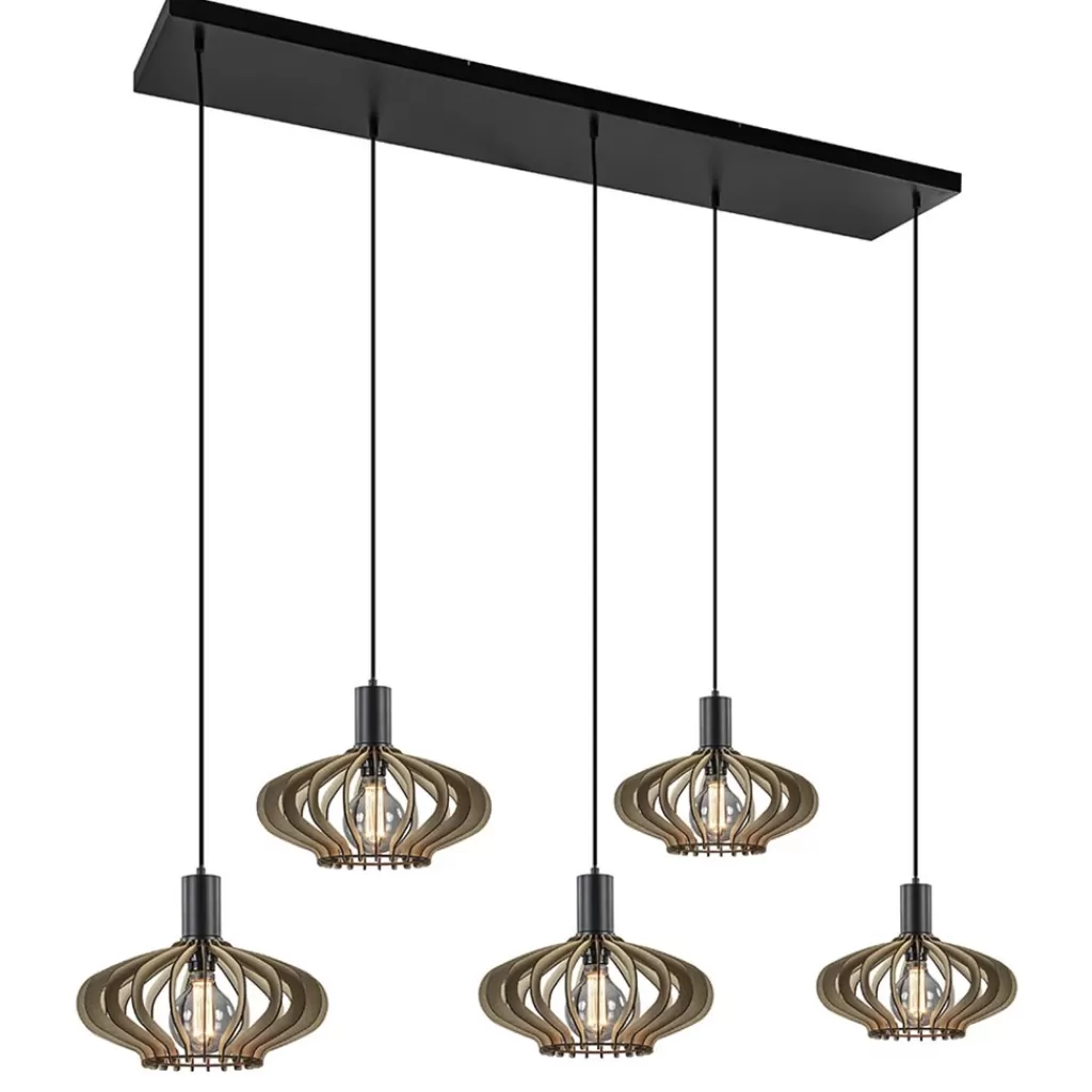 5-Lichts hanglamp zwart met naturel houten kappen>Straluma Clearance