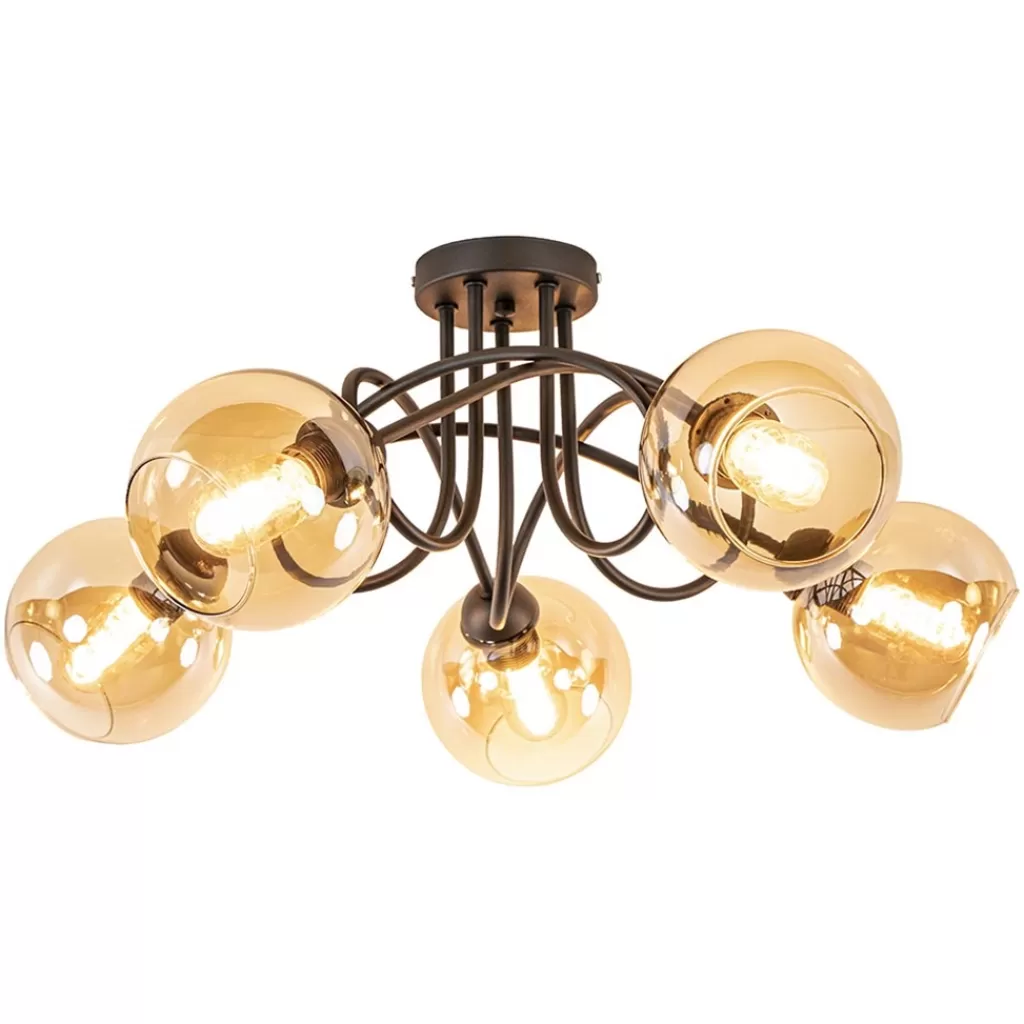 5-Lichts klassieke plafondlamp zwart met amber glazen bollen>Straluma Fashion