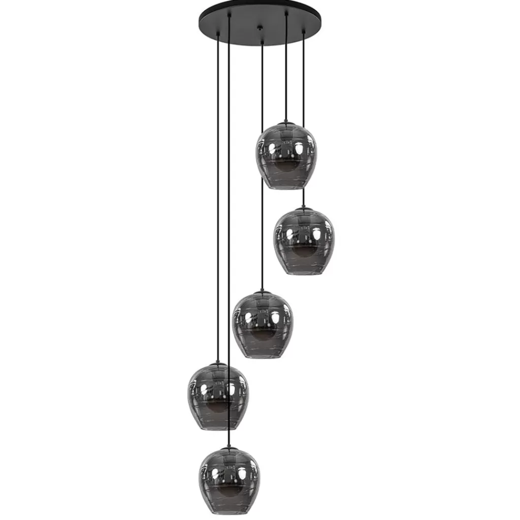 5-Lichts ronde hanglamp zwart met smokey glas>Straluma New