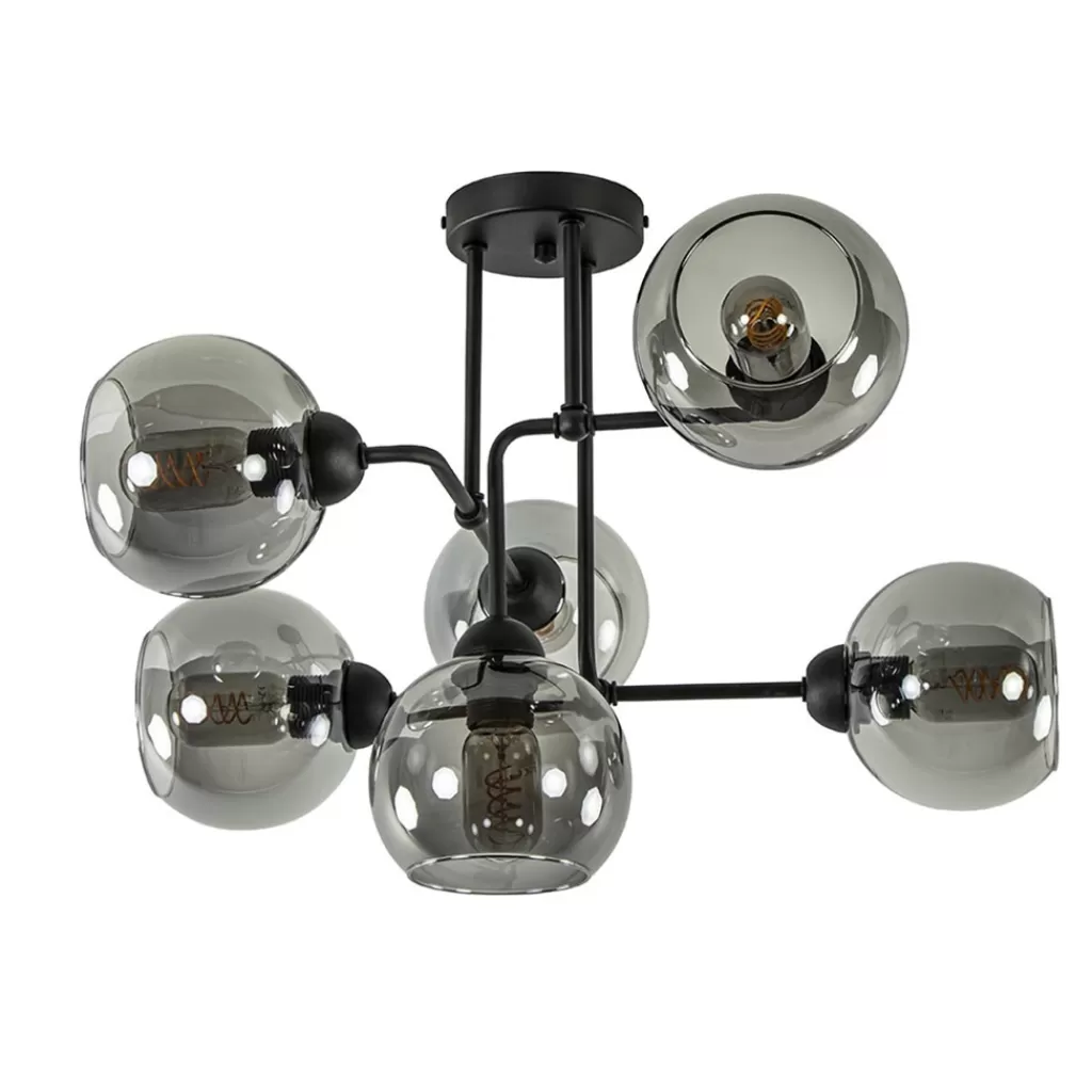 6-Lichts plafondlamp zwart met smoke glazen bollen>Straluma Clearance