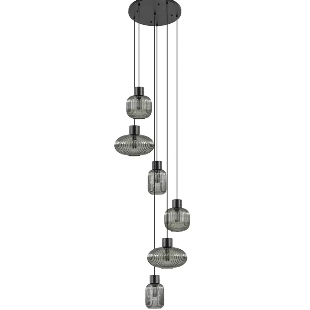 6-Lichts vide hanglamp smoke glas met zwarte details>Straluma Hot