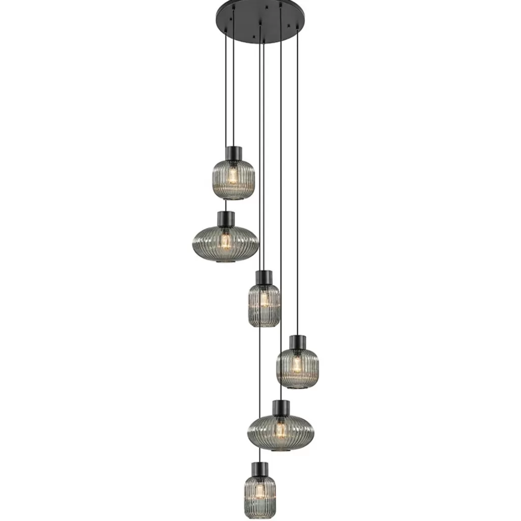 6-Lichts vide hanglamp smoke glas met zwarte details>Straluma Hot