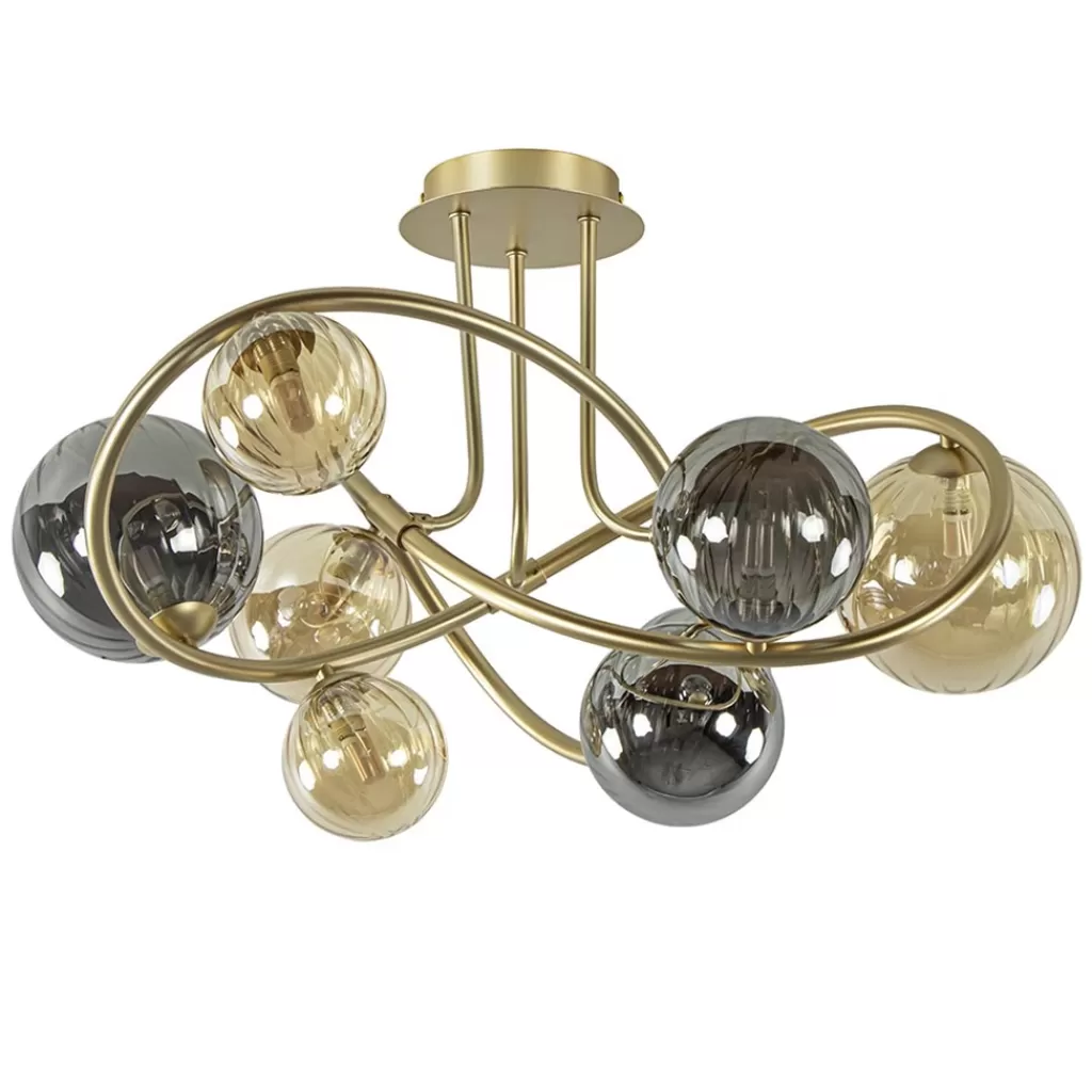 Art Deco plafondlamp goud met smoke en amber glas>Straluma Clearance