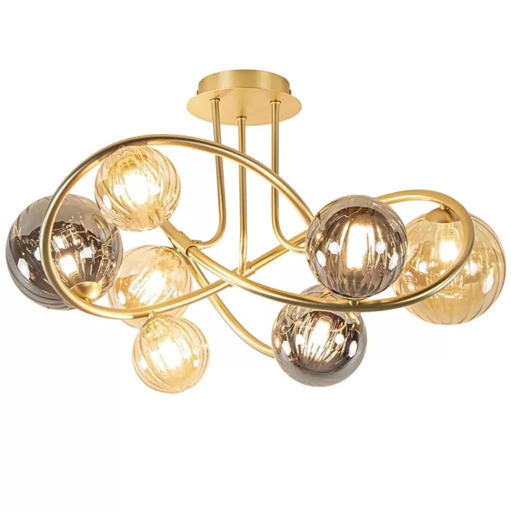 Art Deco plafondlamp goud met smoke en amber glas>Straluma Clearance