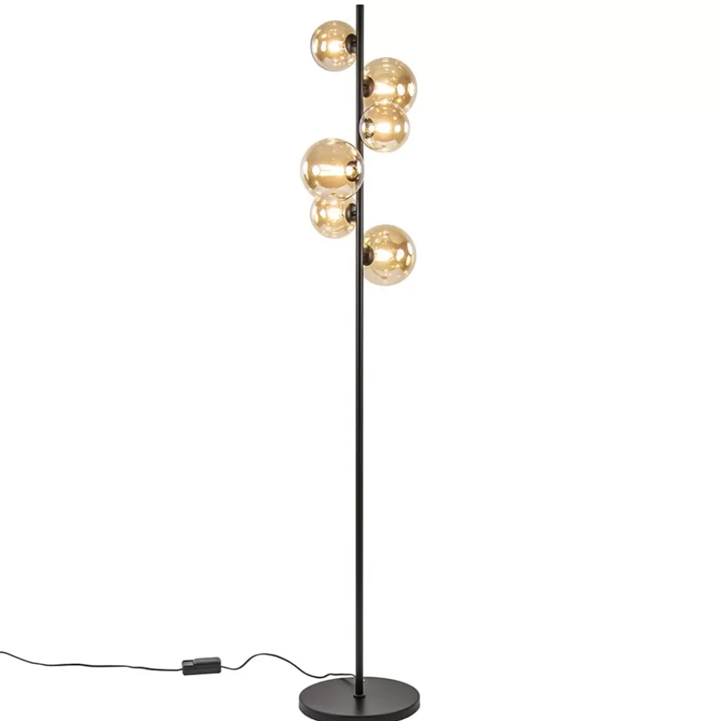 Art Deco vloerlamp zwart met amber glazen bollen>Straluma Fashion