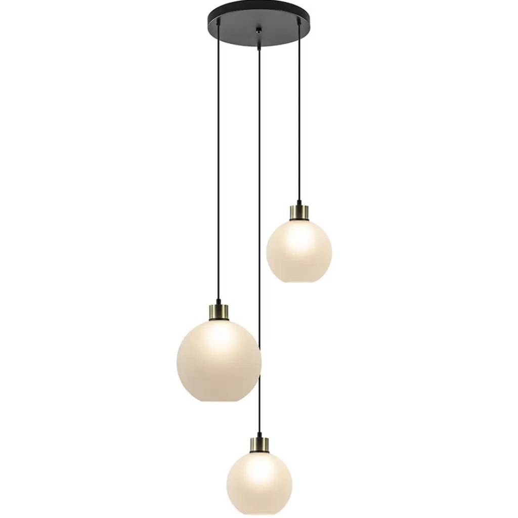 Chique 3-lichts hanglamp rond zwart-goud + opaal glas>Straluma Sale