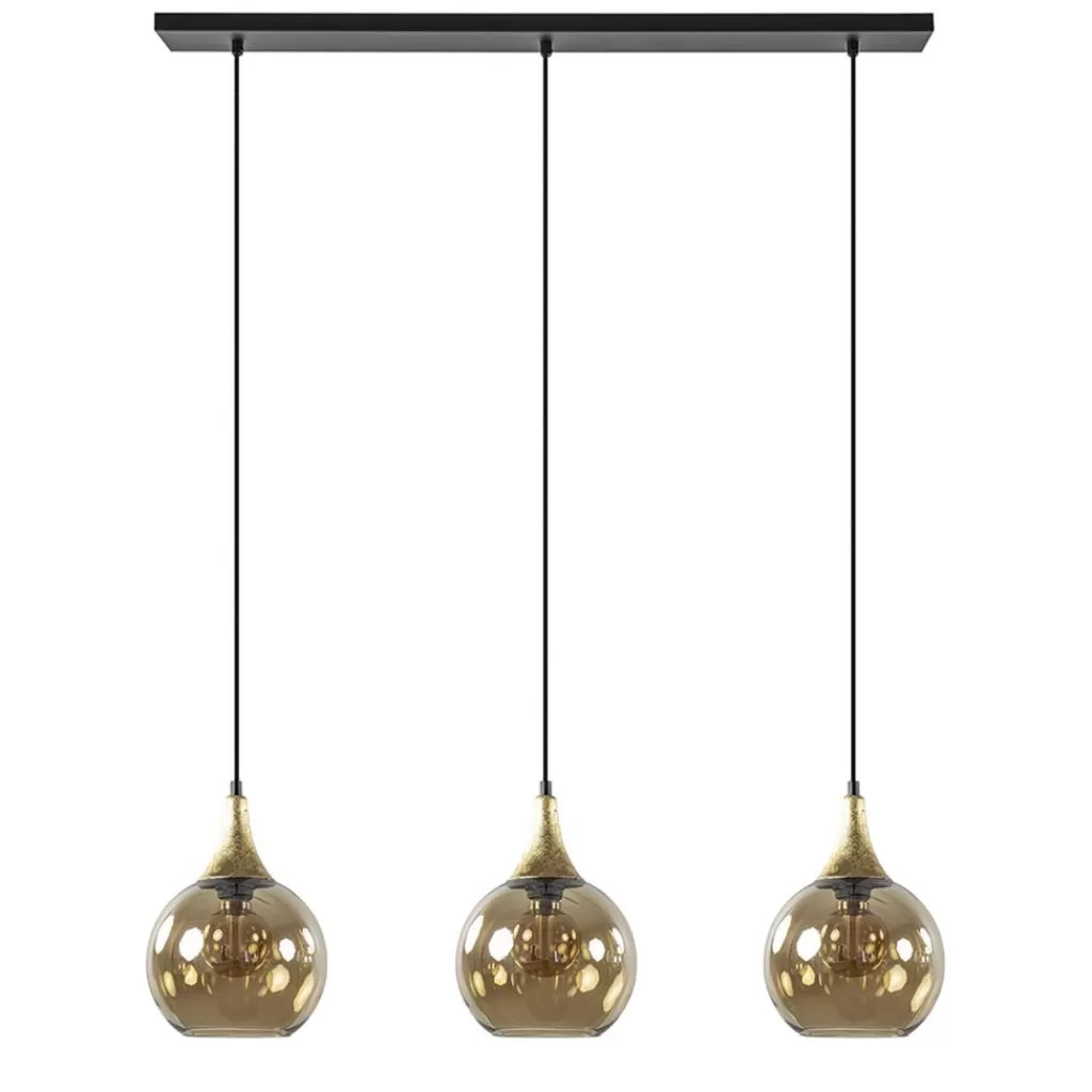 Chique 3-lichts hanglamp zwart/goud met amber glas>Straluma Outlet