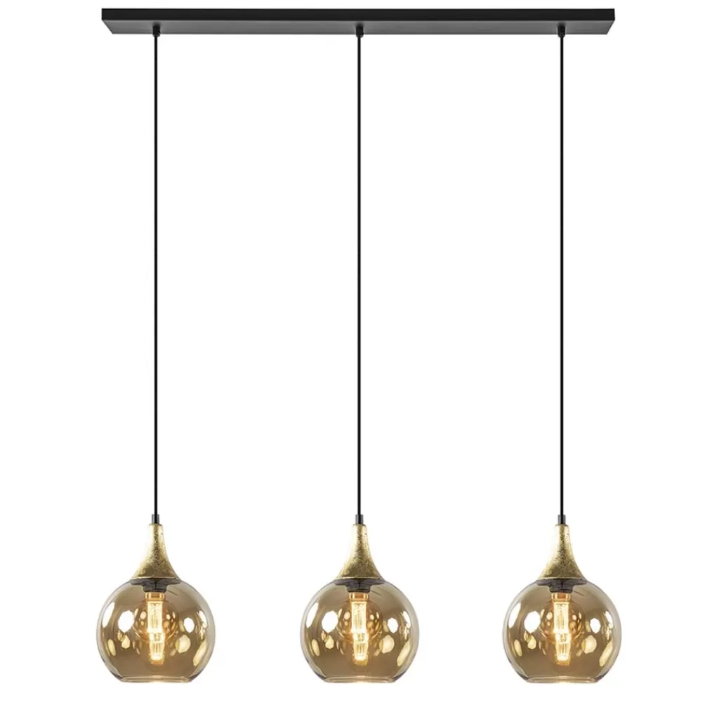 Chique 3-lichts hanglamp zwart/goud met amber glas>Straluma Outlet