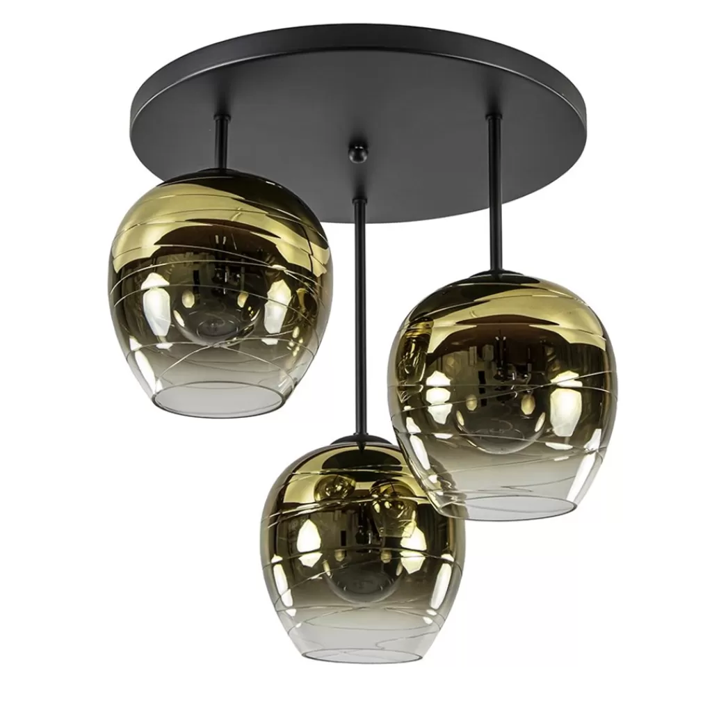 Chique 3-lichts plafondlamp zwart met goud glas>Straluma Store