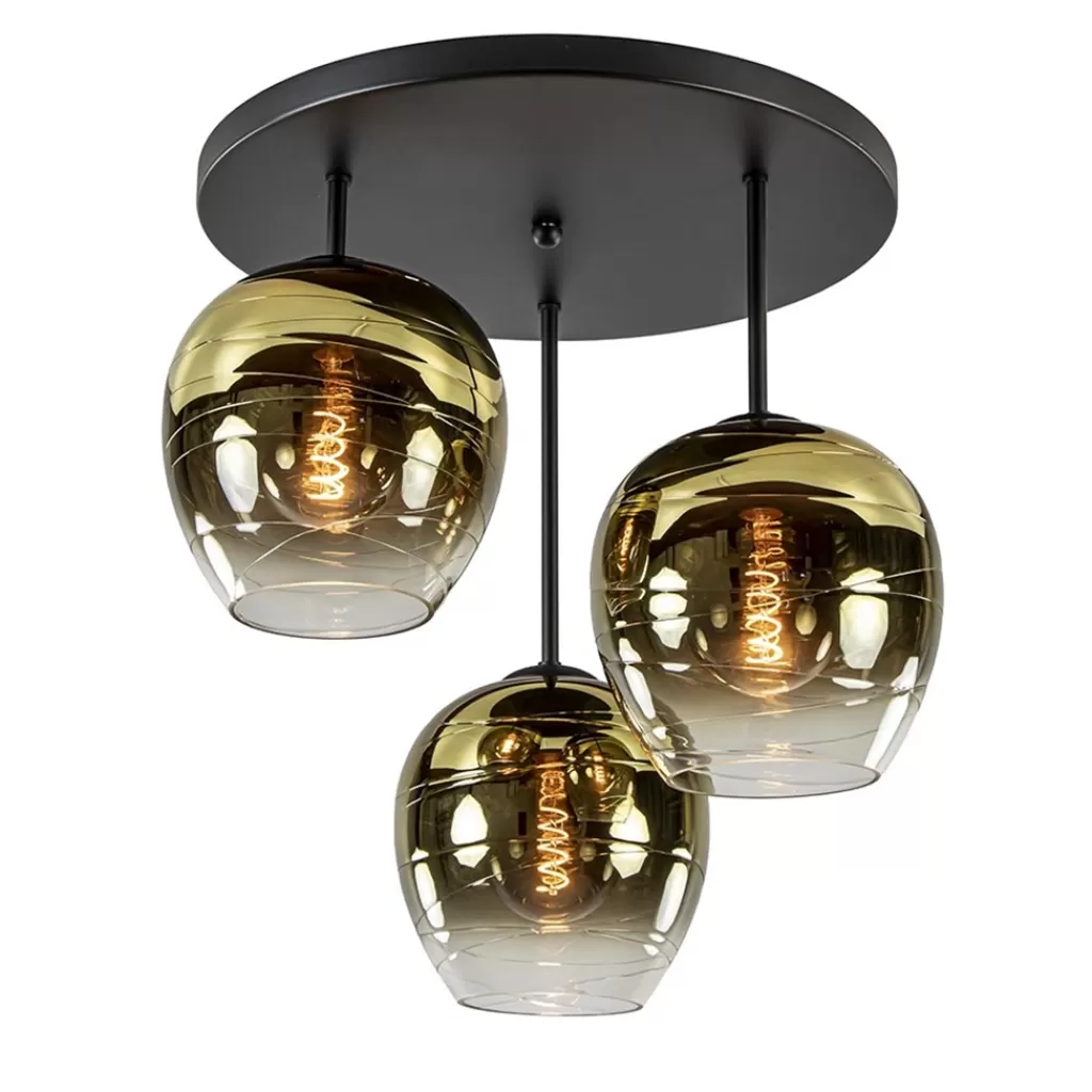 Chique 3-lichts plafondlamp zwart met goud glas>Straluma Store