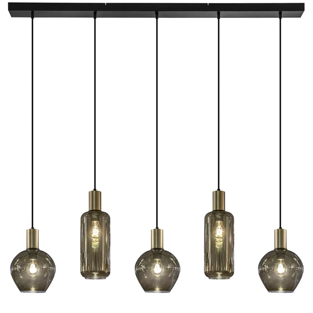 Chique 5-lichts hanglamp smoke glas met brons>Straluma Clearance