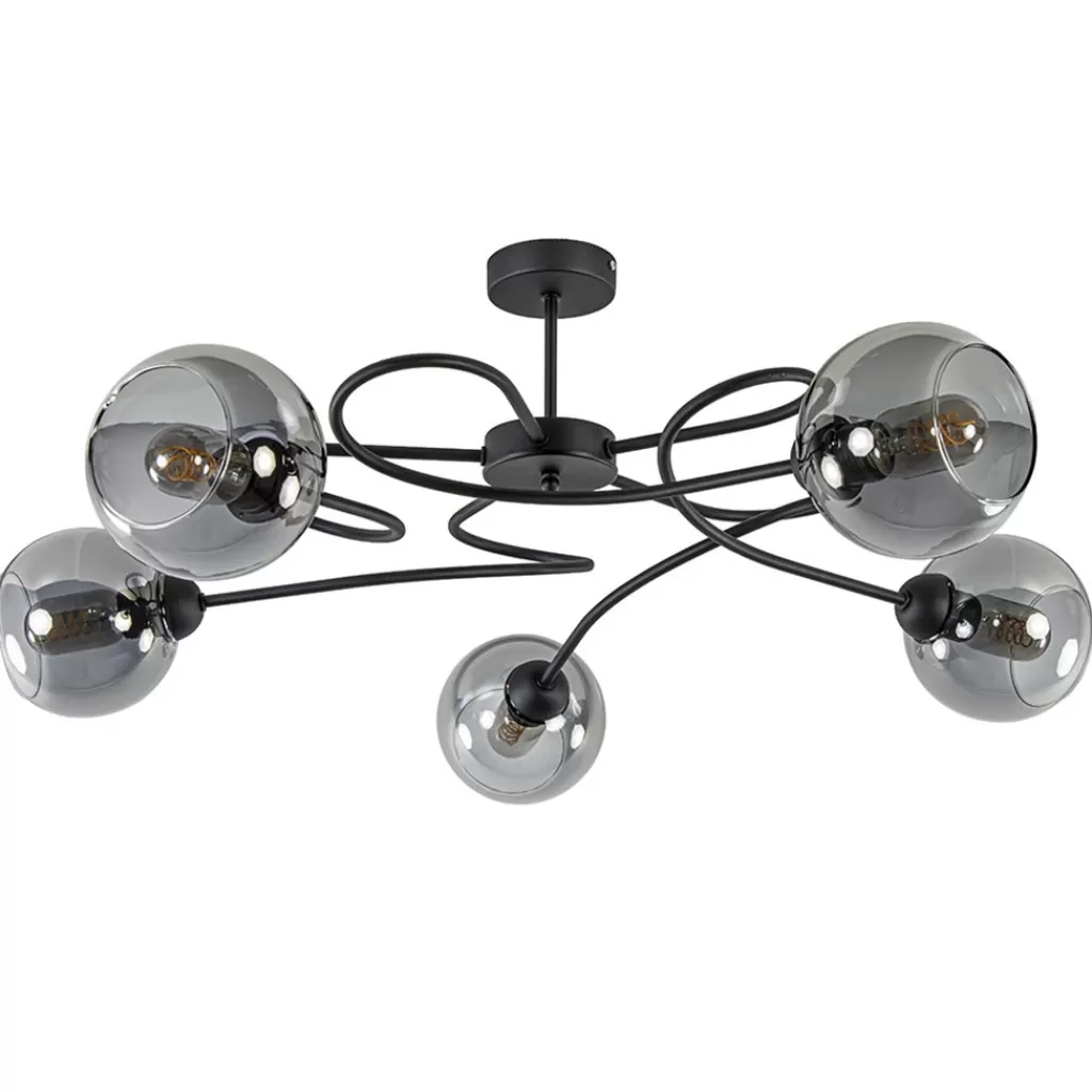 Chique 5-lichts plafondlamp zwart met smoke glazen bollen>Straluma Online