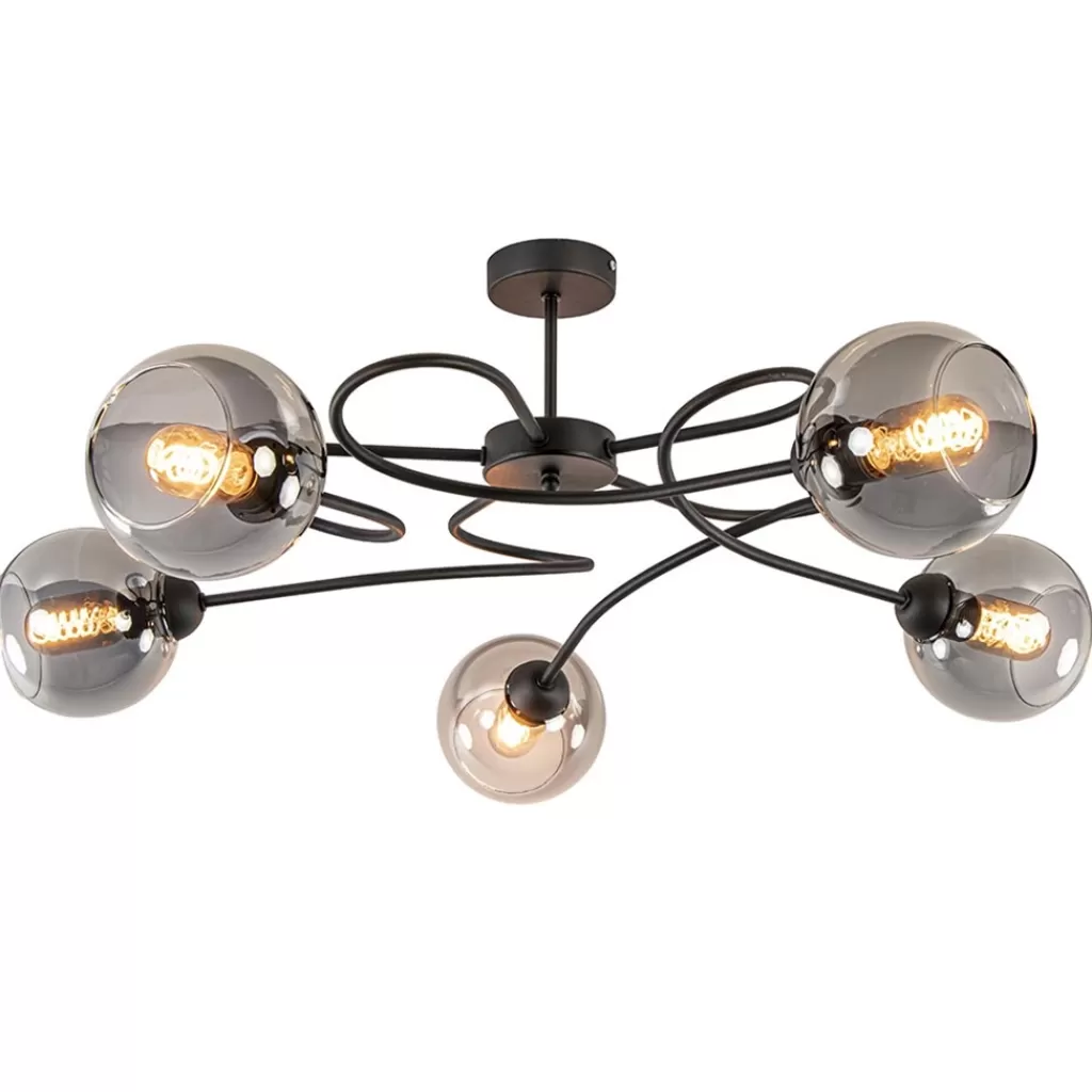 Chique 5-lichts plafondlamp zwart met smoke glazen bollen>Straluma Online