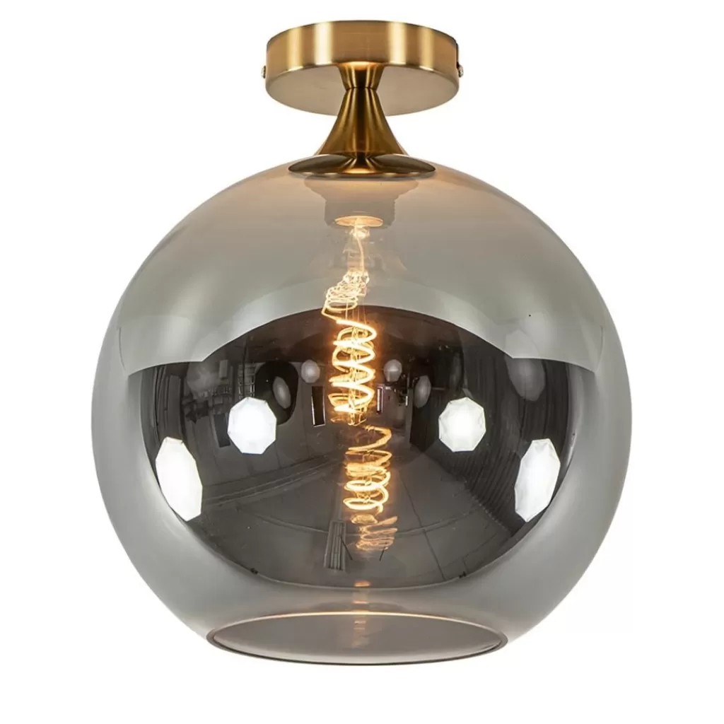 Chique plafondlamp goud met smoke/titanium glazen bol>Straluma Clearance