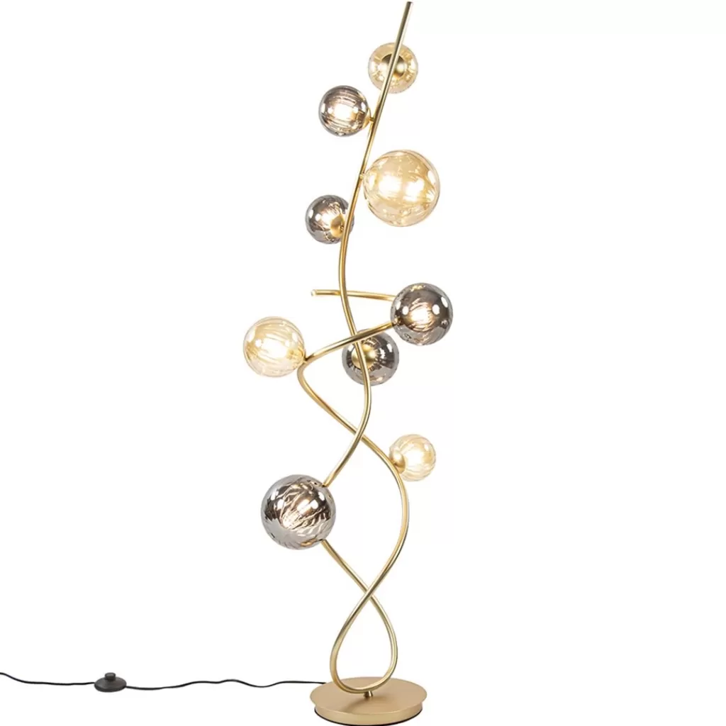 Chique vloerlamp goud met smoke en amber glazen bollen>Straluma Discount