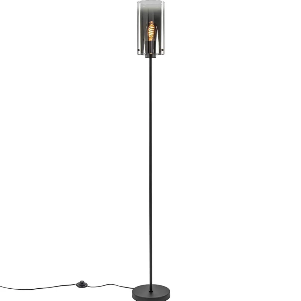 Chique vloerlamp mat zwart met smoke glas cilinder>Straluma Fashion