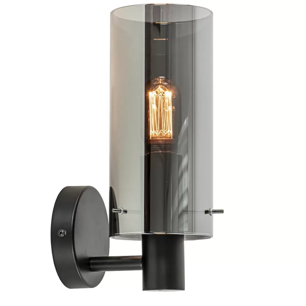 Chique wandlamp zwart met smoke glas cilinder>Straluma Store