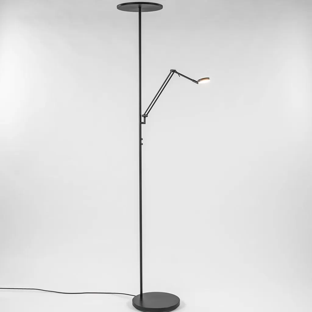 Design LED uplighter met leesarm zwart geborsteld staal>Straluma New