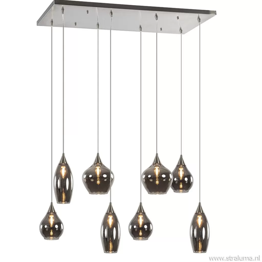 Eettafelhanglamp nikkel met smokey glas 8-lichts>Straluma Outlet