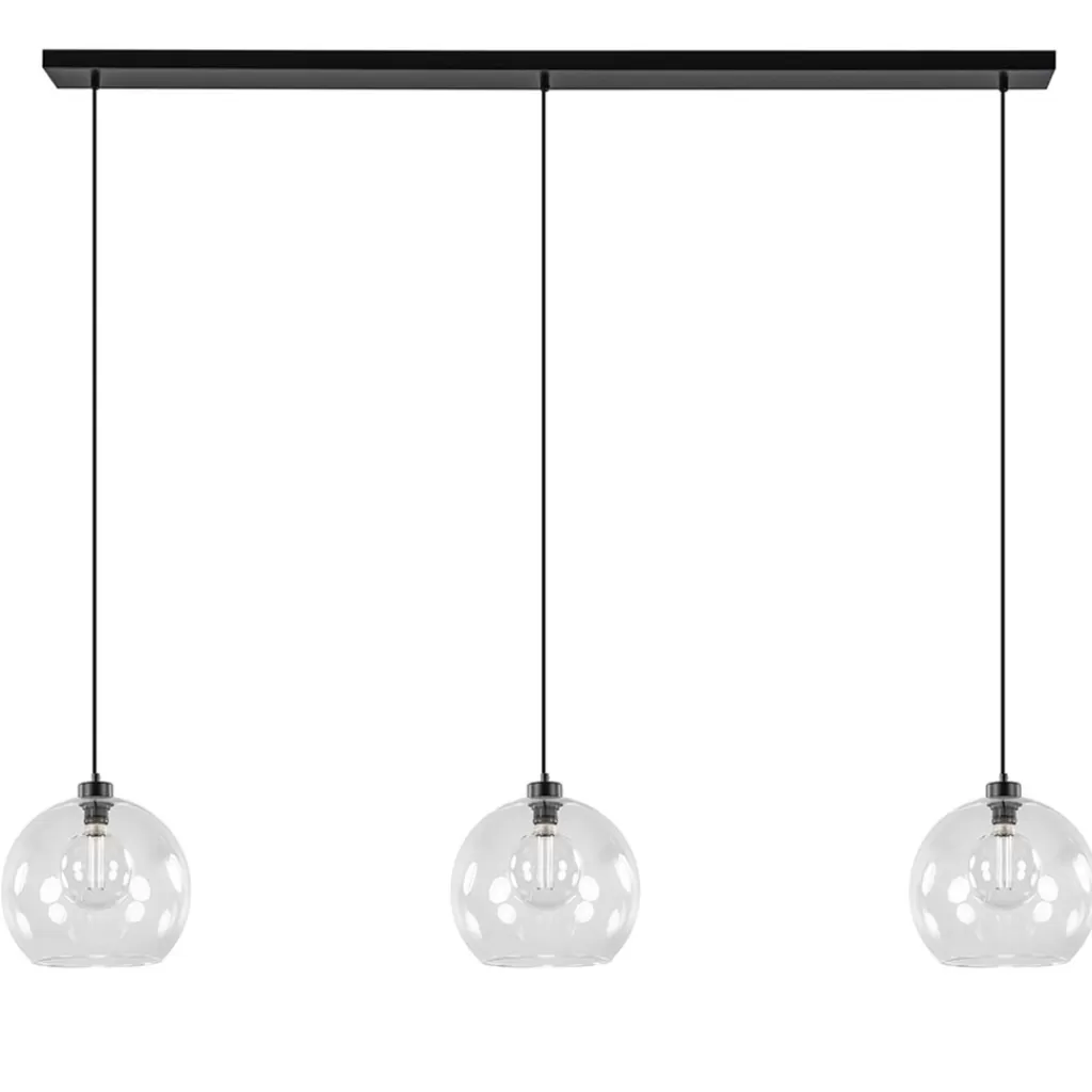 Grote 3-lichts hanglamp met helder glas en zwarte balk>Straluma Store