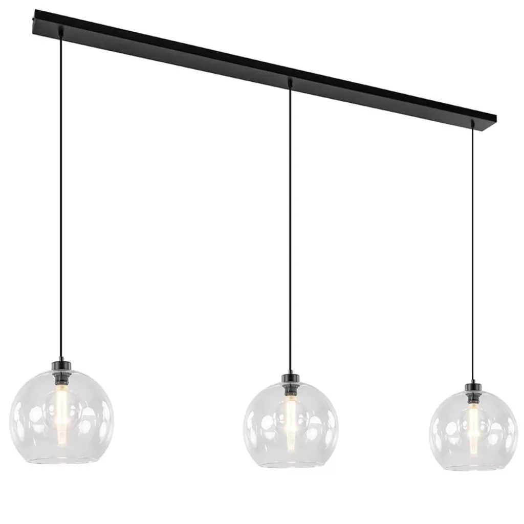 Grote 3-lichts hanglamp met helder glas en zwarte balk>Straluma Store