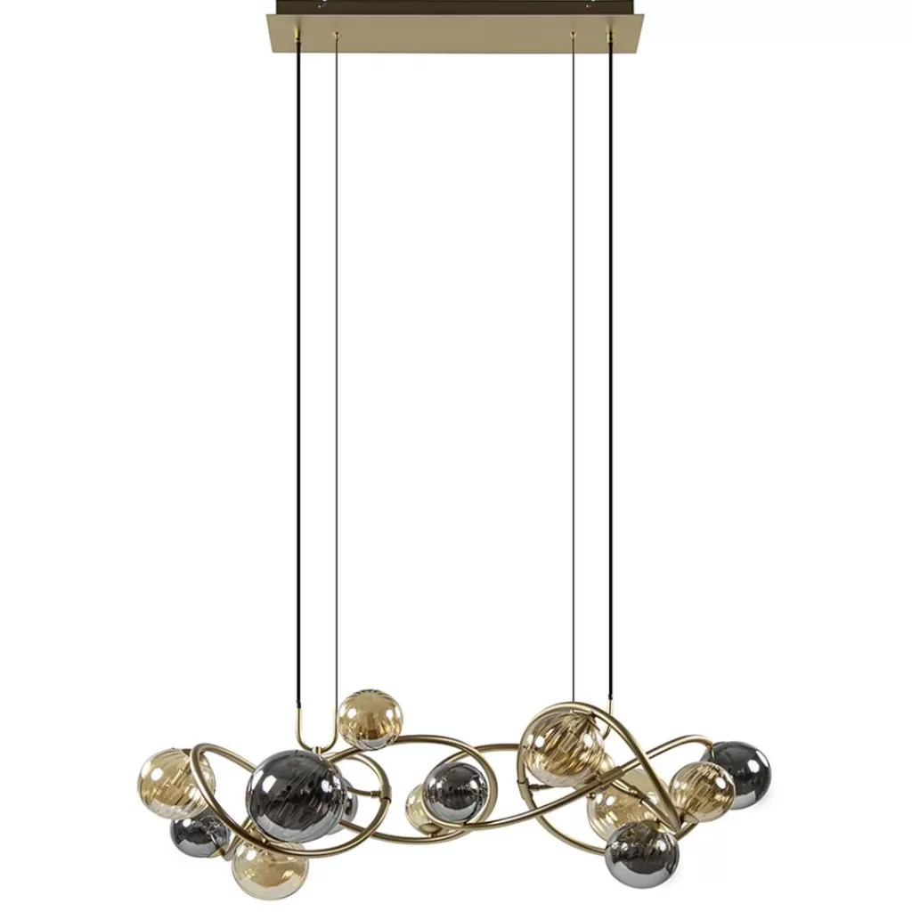 Grote hanglamp goud met amber/smoke glazen bollen>Straluma Fashion