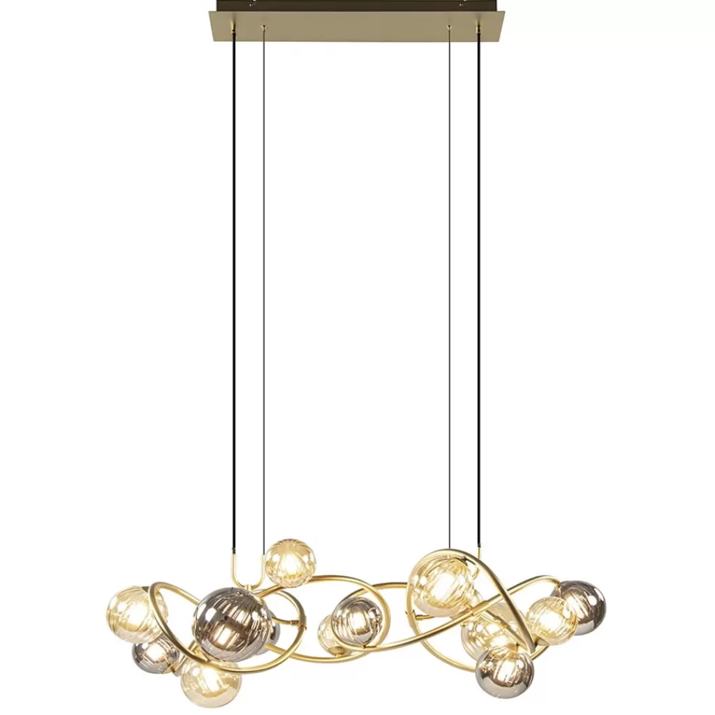 Grote hanglamp goud met amber/smoke glazen bollen>Straluma Fashion