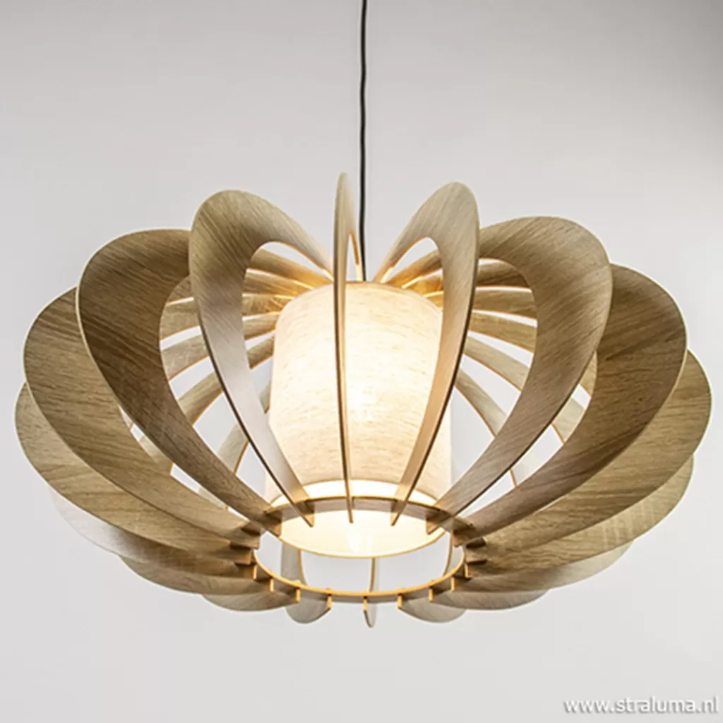 Hanglamp 64cm houten lamellen+linnen kap>Straluma New