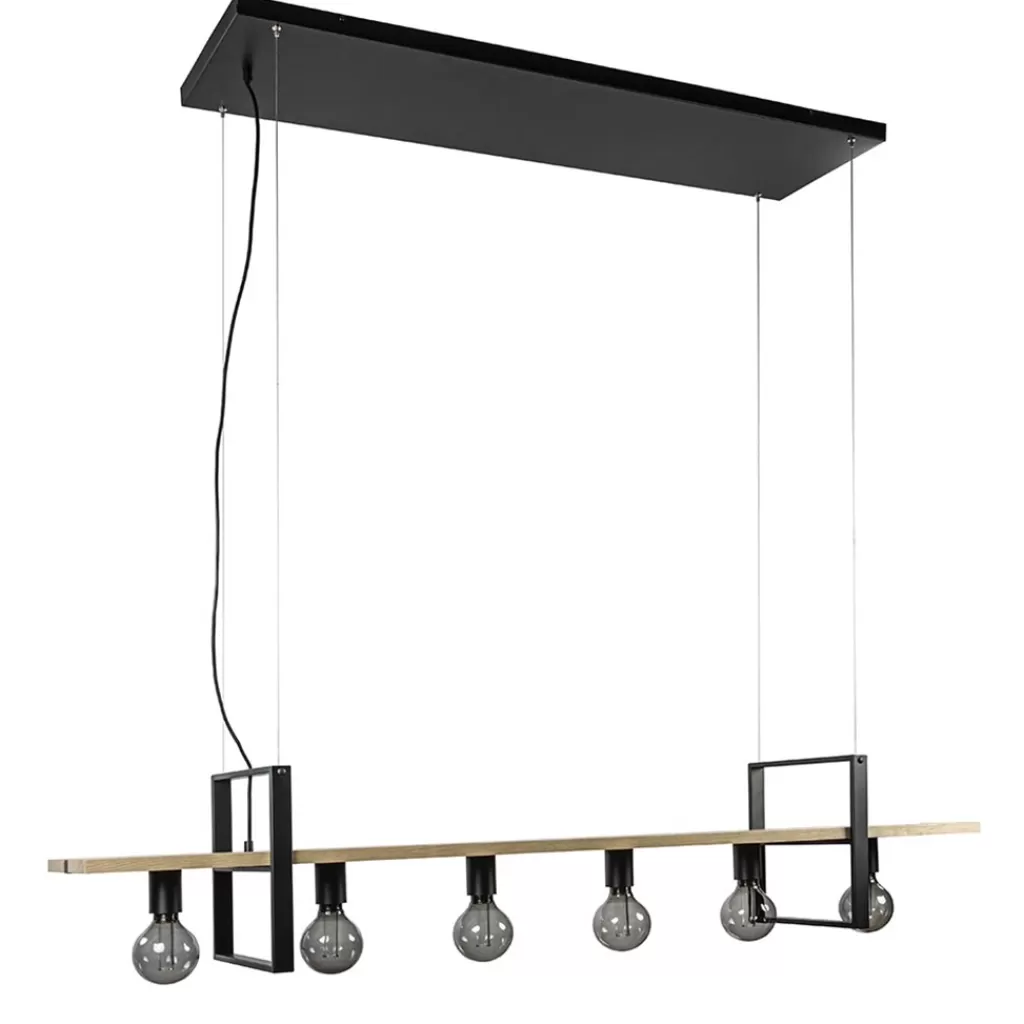 Hanglamp 6L zwart met houten planken>Straluma Outlet