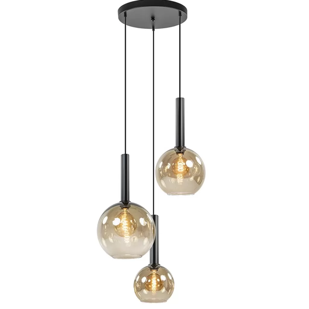 Hanglamp Bella 3L rond zwart+smoke glas>Straluma Shop