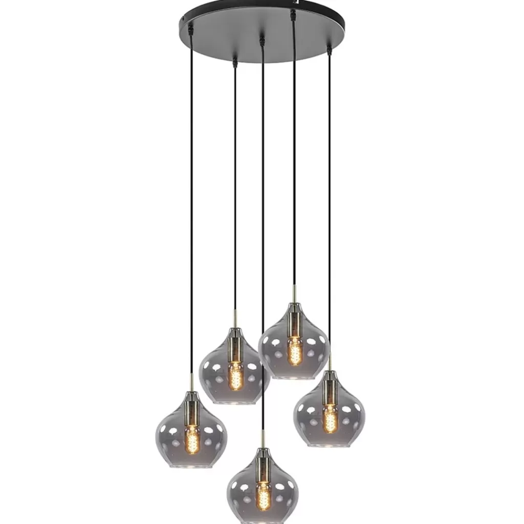 Hanglamp Rakel 5L rond antiek brass + smoke glas>Straluma Discount