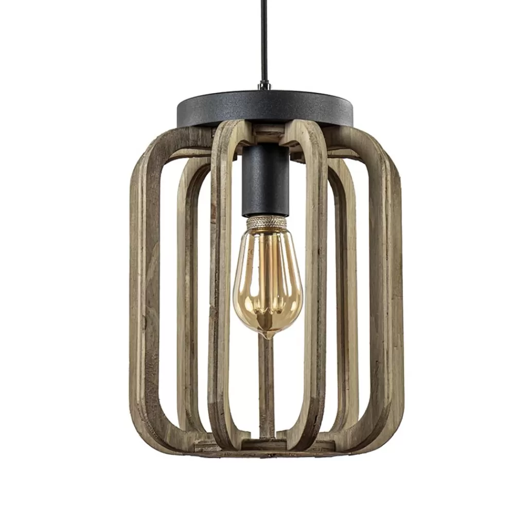 Industrieel landelijke hanglamp mat zwart met ruw hout>Straluma Online