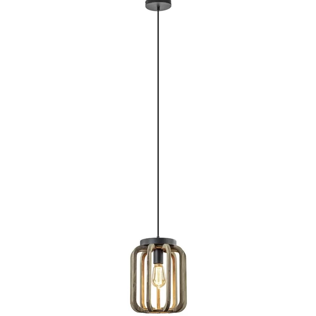 Industrieel landelijke hanglamp mat zwart met ruw hout>Straluma Online