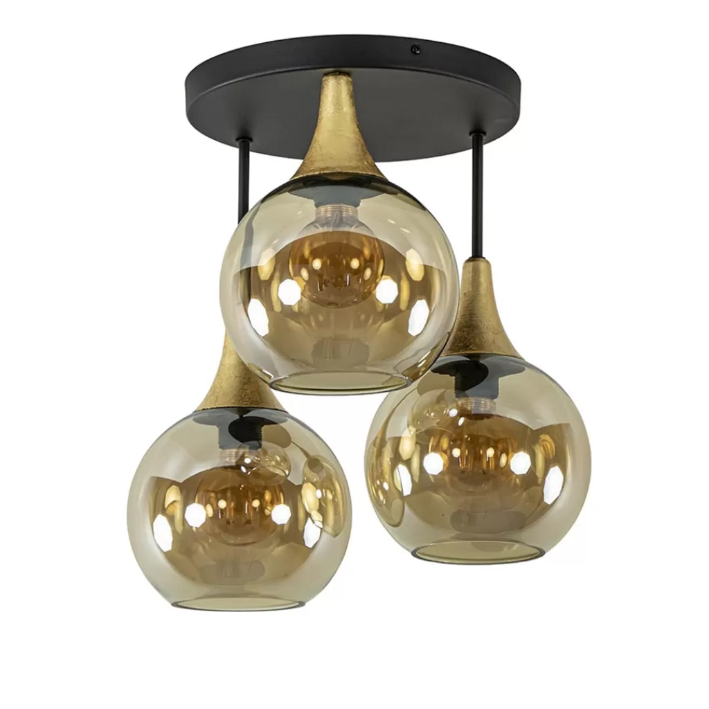 Klassieke plafondlamp zwart/goud met amber glas>Straluma Outlet