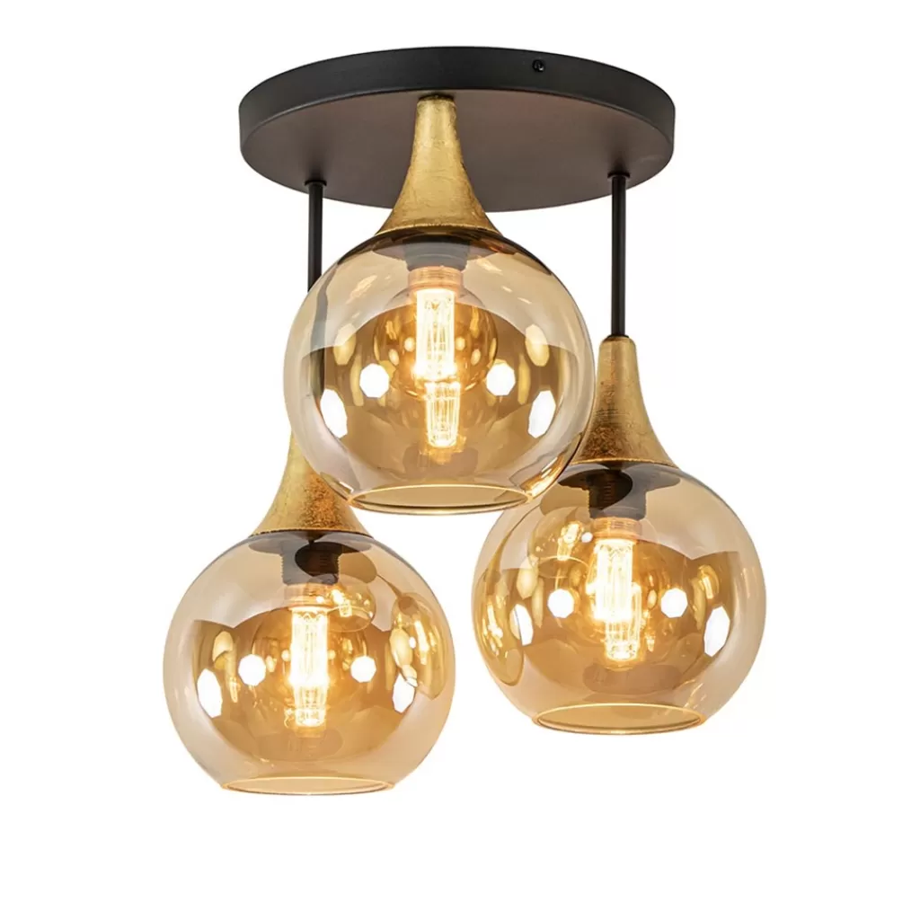 Klassieke plafondlamp zwart/goud met amber glas>Straluma Outlet