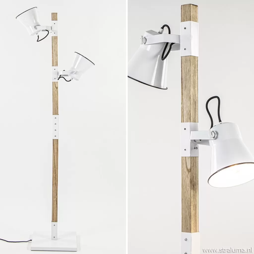 Landelijke 2-lichts vloerlamp hout met witte kappen>Straluma Store