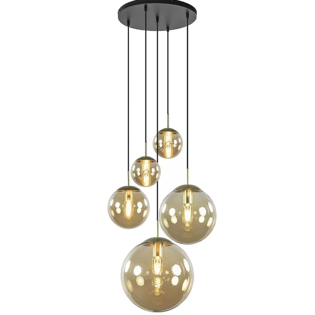 Luxe 5-lichts videlamp messing met amber glazen bollen>Straluma Flash Sale