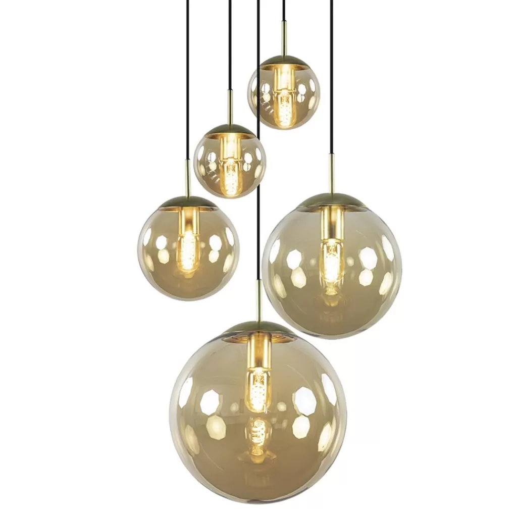 Luxe 5-lichts videlamp messing met amber glazen bollen>Straluma Flash Sale