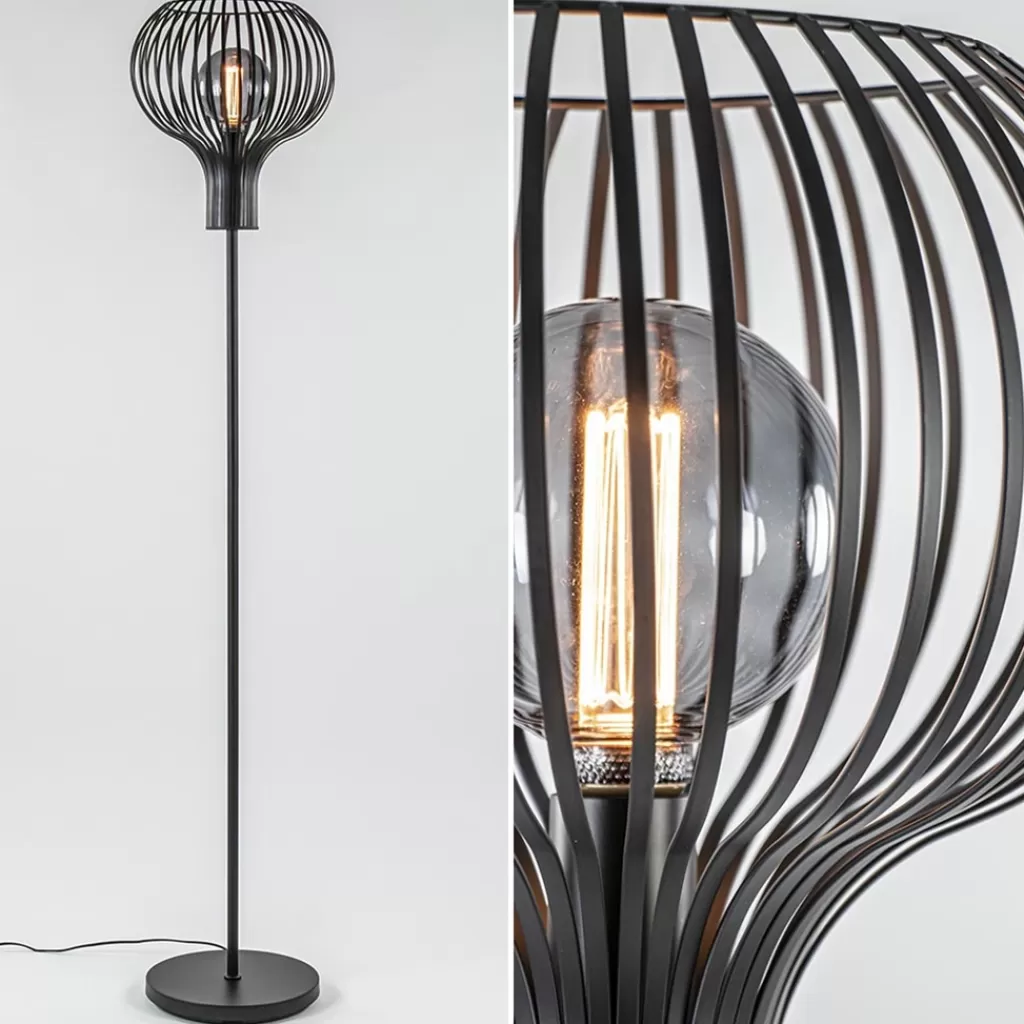 Modern landelijke vloerlamp mat zwart met draadkap>Straluma Sale