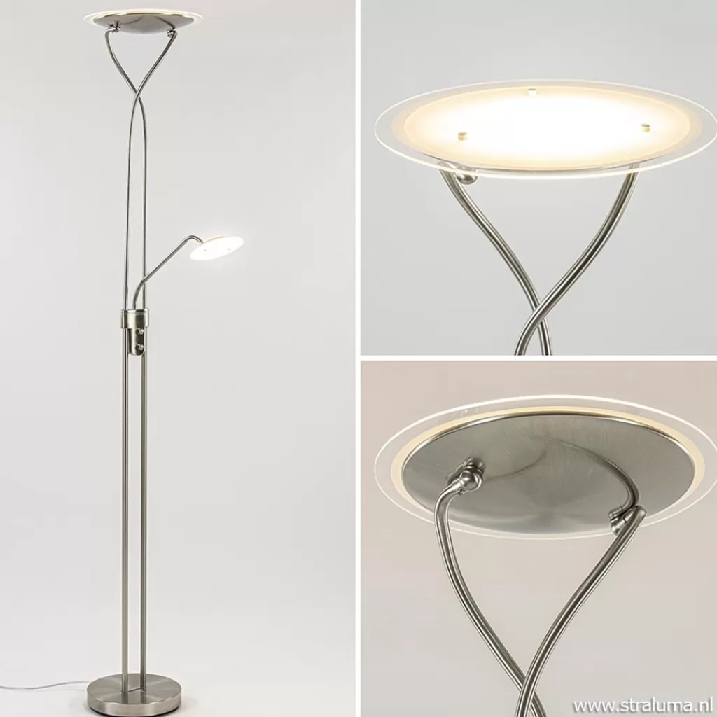 Nikkel vloerlamp met LED uplighter en leeslamp>Straluma Hot